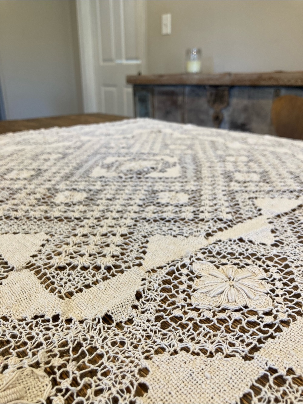 Crochet Tablecloth Square Floral Design In Cream Color